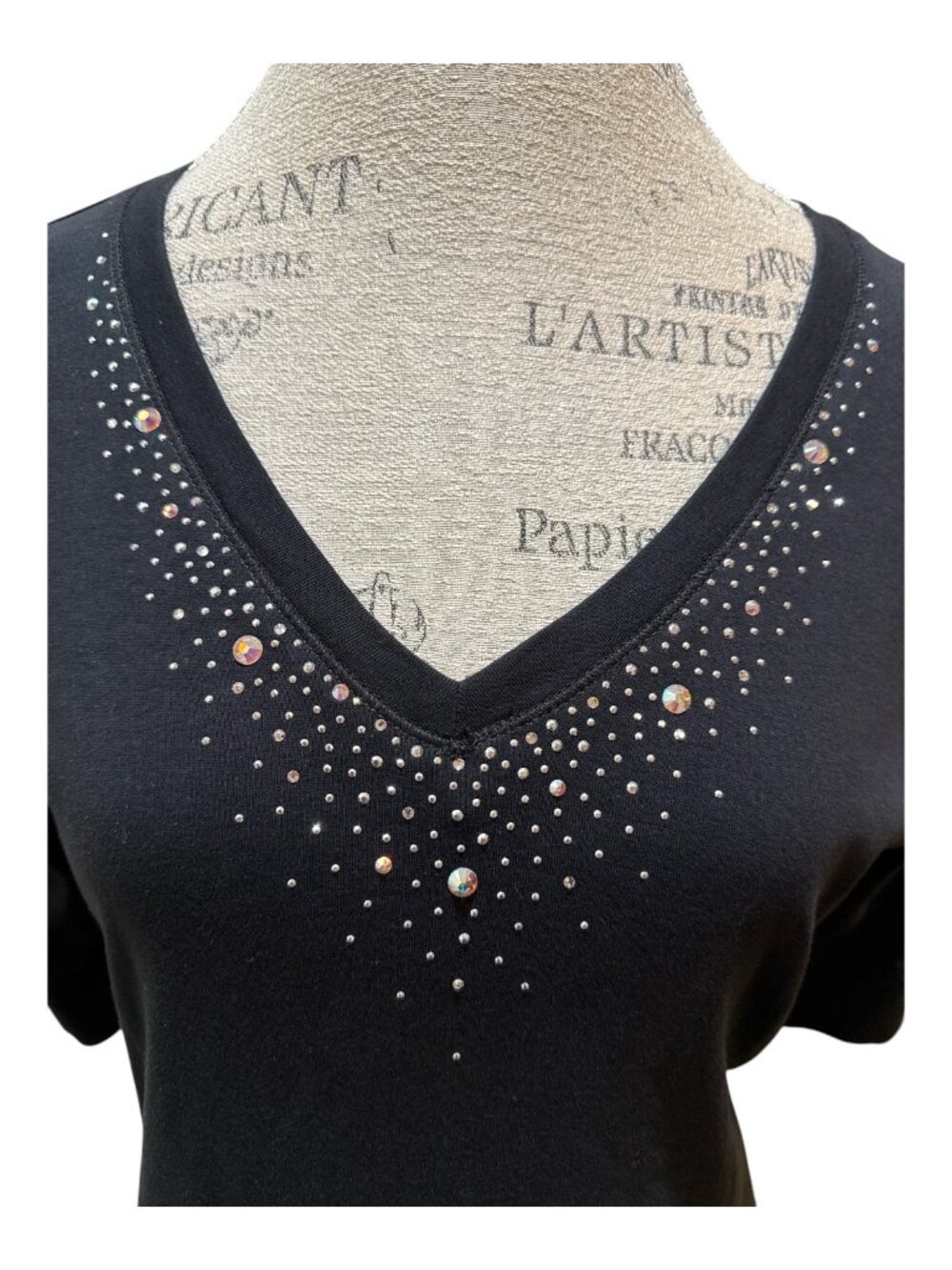 Christine Alexander Sz L Black & Sparkle & Stud V-Neck Short Sleeve Top - Picture 4 of 7